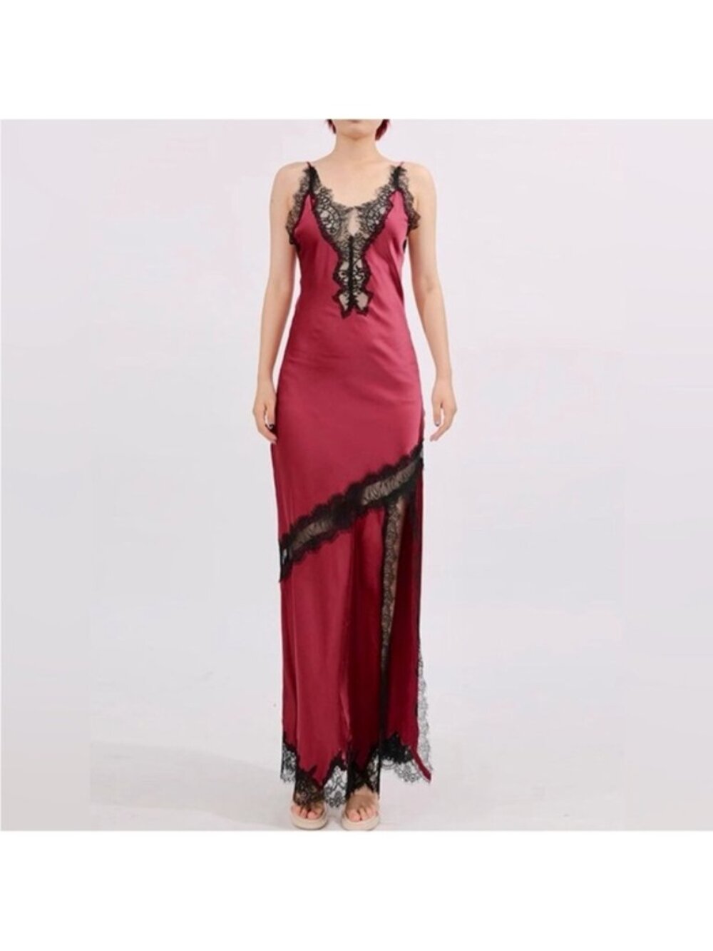 Elegant Burgundy Lace Trim Nightgown